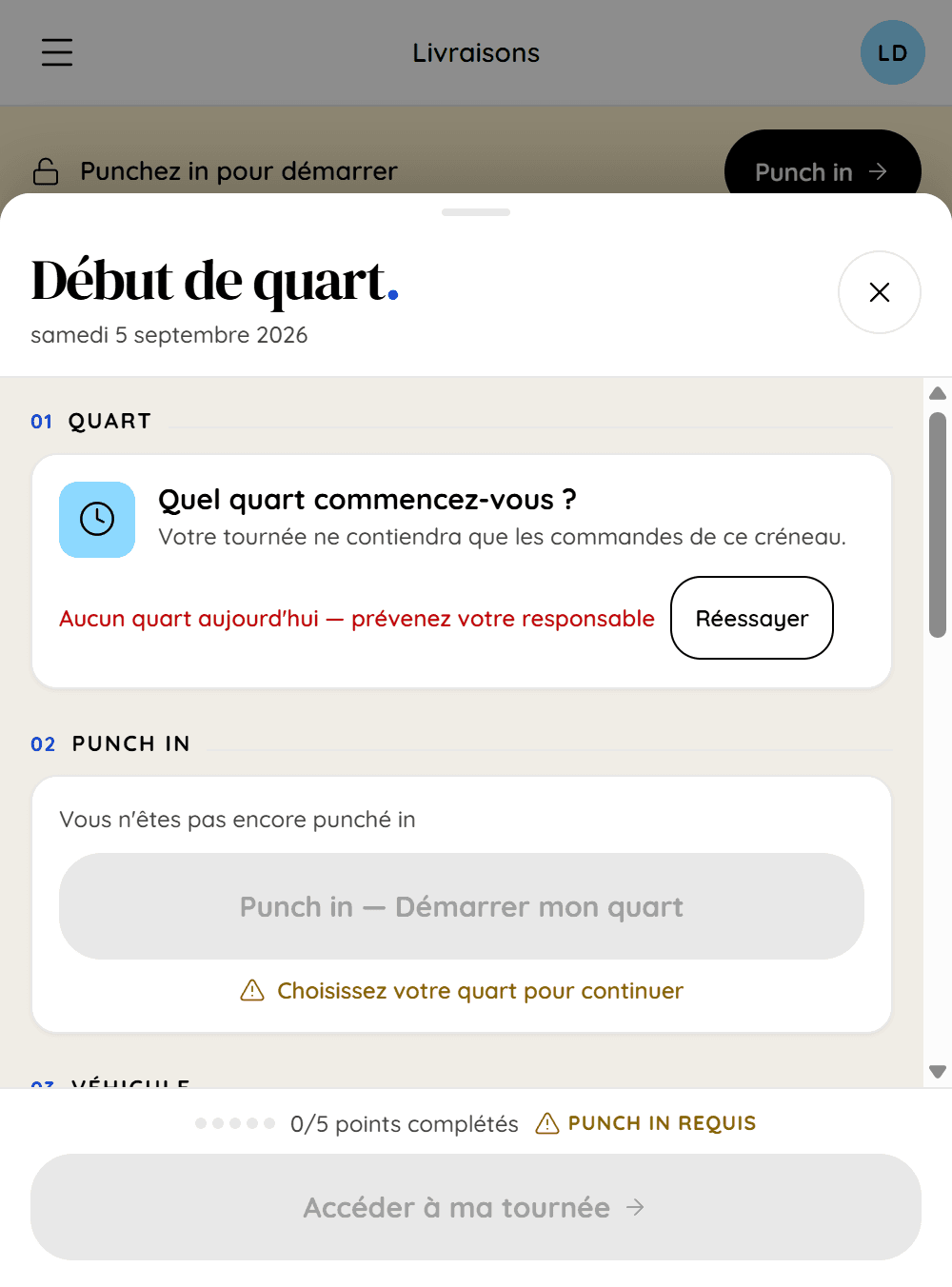 Écran de début de quart : choix du quart, pointage, inspection du véhicule. Un samedi, le sélecteur annonce « Aucun quart aujourd'hui »